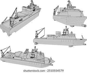Vector sketch illustration of combat warship design with full weapons equipment and rescue boats