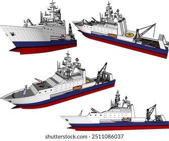 Vector sketch illustration of combat warship design with guns and rescue boats