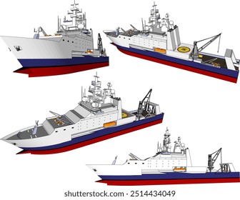 Vector sketch illustration of combat warship design with guns and rescue boats