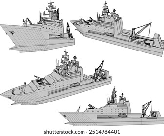 Ilustración de boceto de Vector de diseño de buque de guerra de combate con armas y botes de rescate