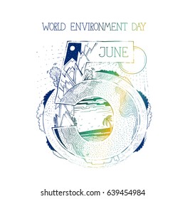 Vector sketch illustration concept art. Postcard or poster environment day on the fifth of June. Landscape from different parts of the world. The mountains, forests, sun and clouds around the globe