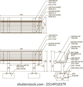 Vector sketch illustration of construction design drawing for garden bench chairs for relaxing