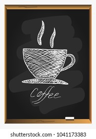 vector sketch illustration - cup of coffee on blackboard background.