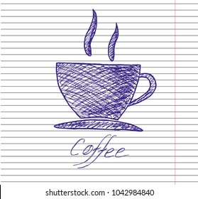 vector sketch illustration - cup of coffee on copybook background.