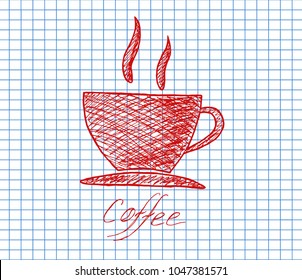 vector sketch illustration - cup of coffee on copybook background.