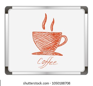 vector sketch illustration - cup of coffee on flip chart background.