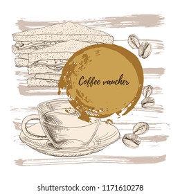 vector sketch illustration - cup of coffee and sandwich. flyer template design. text place