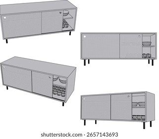 Ilustração de esboço vetorial de um design de armário para uma sala de estar com um estilo minimalista moderno