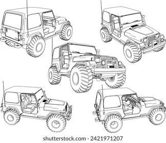 Vector sketch illustration of cute little adventure car design with 4 driving wheels