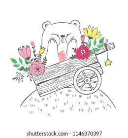 Vector sketch illustration of cute North Pole white bear sitting in wood cart with flowers, summer spring card with hand drawn character playing the ape, cheek one's cheeks, air kiss 