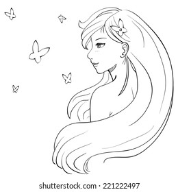 Vector sketch illustration of cute smiling girl with butterflies looking to the left