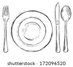vector sketch illustration -  cutlery: fork, plate, knife, spoon