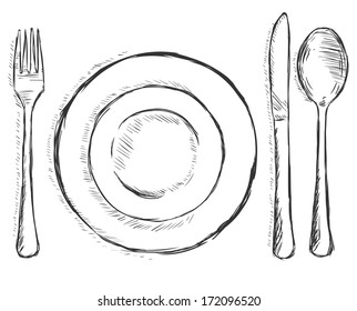 vector sketch illustration     cutlery: fork  plate  knife  spoon