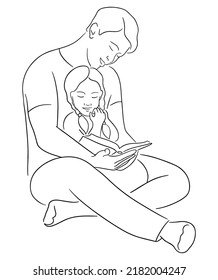 Vector sketch illustration of a dad reading a book to his daughter. Parent and child, happy family concept