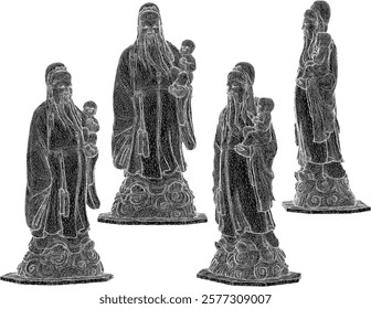 Vector sketch illustration of decorative design of statue of god of happiness smiling full of wisdom standing carrying baby