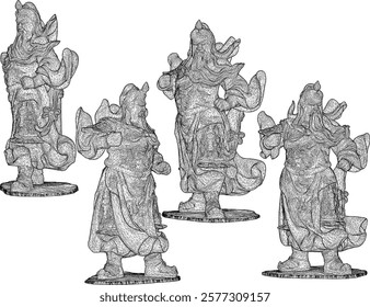 Vector sketch illustration of decorative design of holy war god statue standing giving orders to troops