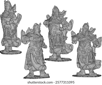 Vector sketch illustration of decorative design of holy war god statue standing giving orders to troops