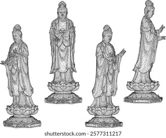 Vector sketch illustration of decorative design of holy goddess statue standing giving blessing on lotus flower