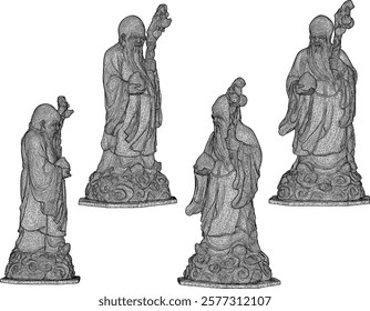 Vector sketch illustration of decorative design of holy hermit god statue standing giving blessing on cloud