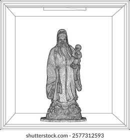 Vector sketch illustration of decorative design of statue of god of happiness smiling full of wisdom standing carrying baby