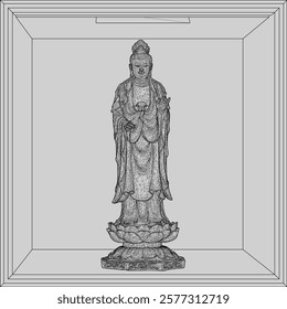 Vector sketch illustration of decorative design of holy goddess statue standing giving blessing on lotus flower