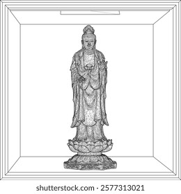 Vector sketch illustration of decorative design of holy goddess statue standing giving blessing on lotus flower 