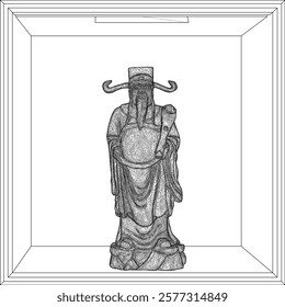 Vector sketch illustration of decorative design of a statue of a smiling god full of wisdom standing bringing happiness