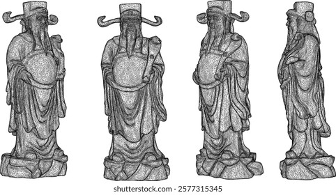 Vector sketch illustration of decorative design of a statue of a smiling god full of wisdom standing bringing happiness