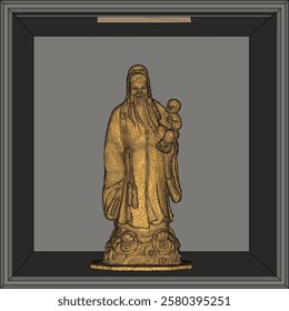 Vector sketch illustration of decorative design of statue of god of happiness smiling full of wisdom standing carrying baby 