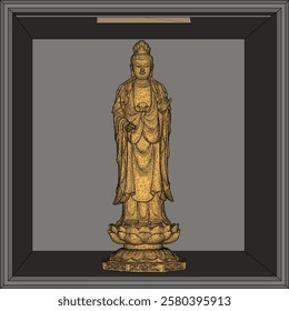 Vector sketch illustration of decorative design of holy goddess statue standing giving blessing on lotus flower 