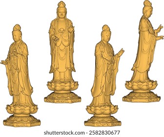 Vector sketch illustration of decorative design of holy goddess statue standing giving blessing on lotus flower