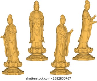 Vector sketch illustration of decorative design of holy goddess statue standing giving blessing on lotus flower