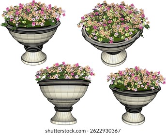 Ilustración de boceto de Vector de diseño decorativo de maceta de planta de jardín con plantas de flores 