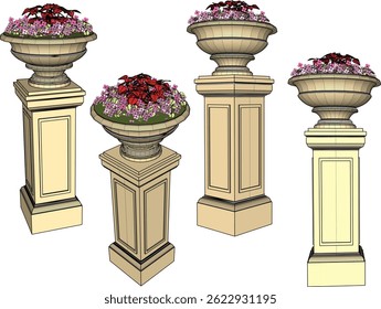 vector sketch illustration of decorative garden plant pot design with flower plants