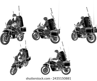 Diseño de ilustración de boceto vectorial de oficial del ejército en patrulla en el bosque con equipo de combate y bicicleta de tierra
