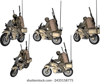 Vektor-Skizze Illustration Design des Armeeoffiziers auf Patrouille im Wald mit Kampfausrüstung und Dirt Bike