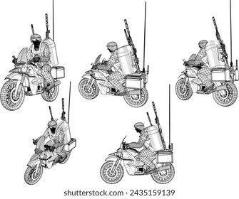 Vector sketch illustration design of army officer on patrol in the forest with combat equipment and dirt bike