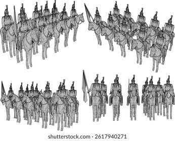 vector sketch illustration design of cavalry soldier toy fighting with classic vintage ethnic weapons 