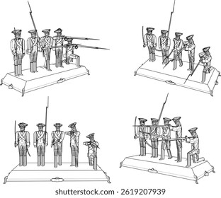 Vektorskizze Illustration Design von Kavallerie Soldat Spielzeug kämpfen mit klassischen Vintage ethnischen Waffen