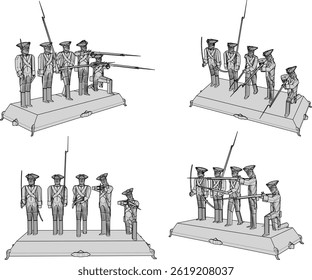 Diseño de ilustración de boceto de Vector de juguete de soldado de caballería que lucha con armas étnicas clásicas vintage 