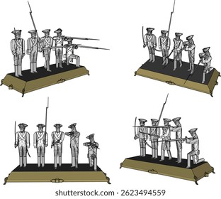 Diseño de ilustración de boceto de Vector de juguete de soldado de caballería que lucha con armas étnicas clásicas vintage 