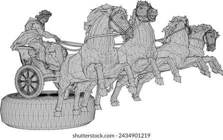 Diseño de ilustración de boceto vectorial de héroe clásico griego romano montando un carro tirado por caballos