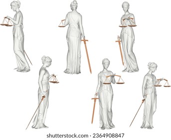 Vector sketch illustration of the design of a classical statue of the goddess of justice carrying a sword and scales