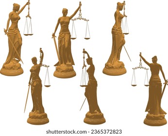 Vector sketch illustration of the design of a classical statue of the goddess of justice carrying a sword and scales