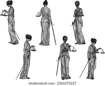 Vector sketch illustration of the design of a classical statue of the goddess of justice carrying a sword and scales