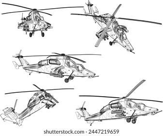 Vector sketch illustration of the design of a combat heli war vehicle with complete advanced weapons