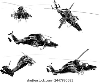 Ilustración de boceto de Vector del diseño de un vehículo de guerra heli de combate con armas avanzadas completas