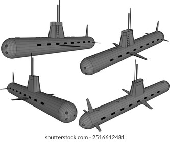 Diseño de ilustración de boceto de Vector de vehículo de guerra submarina de combate con armas de torpedo