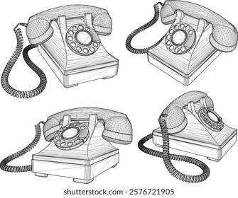 Vector sketch illustration vector design drawing of vintage classic old telephone communication tool with rotary dial