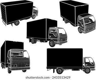 Vektor-Skizze-Illustration des Designs eines Expeditionskastenwagens, der Güter transportiert